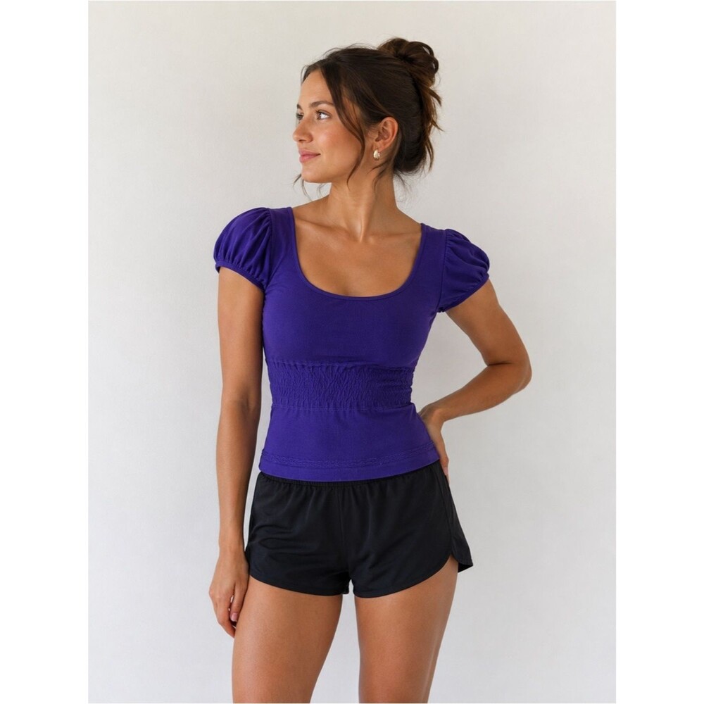 Free People Movement Purple Puff Sleeve Smocked Waist Blue Stretchy Top